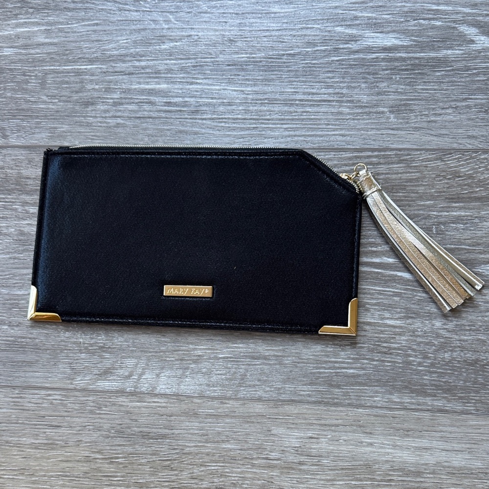 Mary Kay Black Wristlet Clutch with Gold Trim and Metallic Tassel - New!